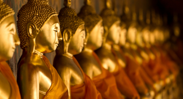 Line of Gold Buddhas in Bangkok and Phuket Thailand